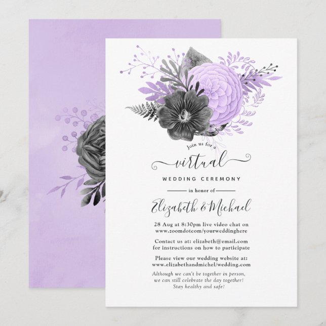 Convite Casamento Virtual Online Floral Lilás e Carvão (Frente/Verso)