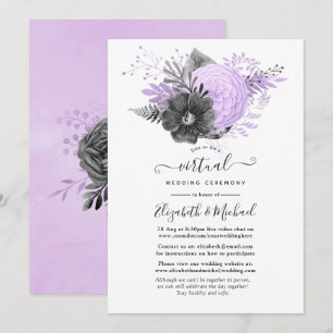 Convite Casamento Virtual Online Floral Lilás e Carvão