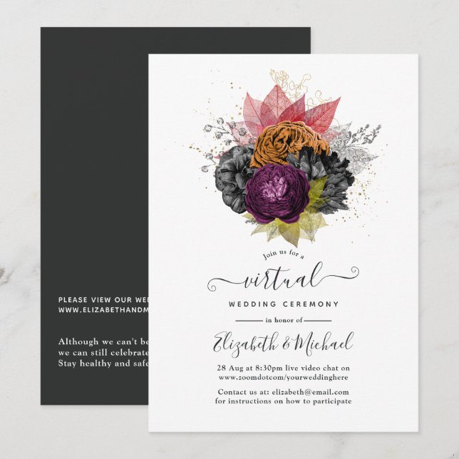 Convite Casamento Virtual Online Floral Outono Vintage (Frente/Verso)