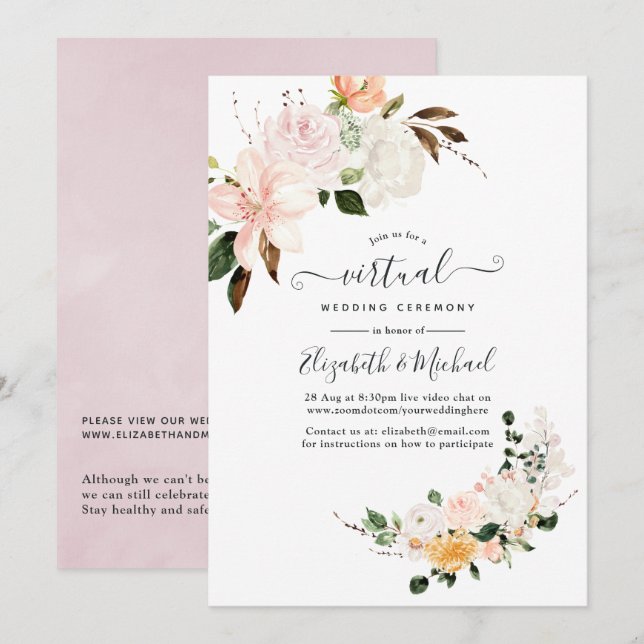Convite Casamento Virtual Online Floral Pastel (Frente/Verso)