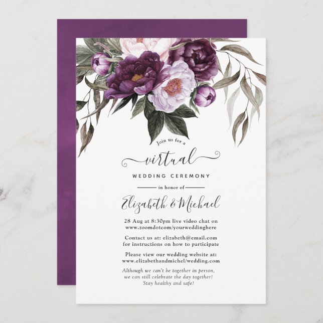Convite Casamento Virtual Online Floral Profundo Velvet (Frente/Verso)