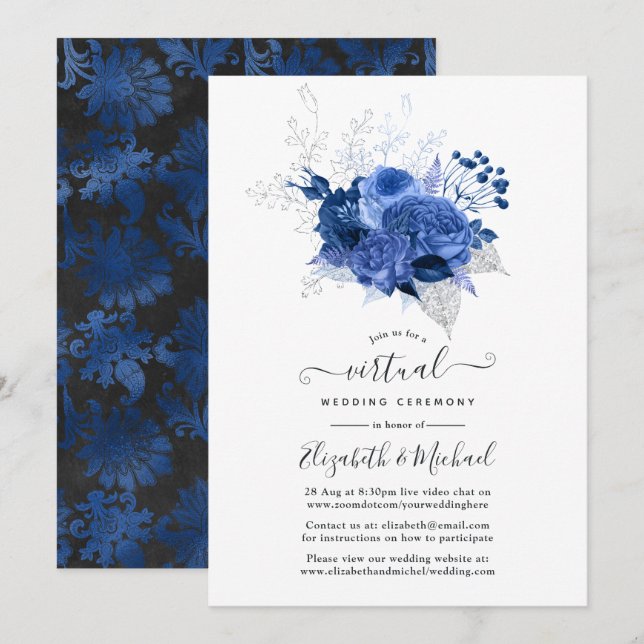 Convite Casamento Virtual Online Floral Real Azul e Prata (Frente/Verso)