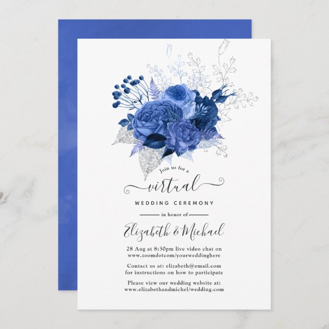 Convite Casamento Virtual Online Floral Real Azul e Prata (Frente/Verso)