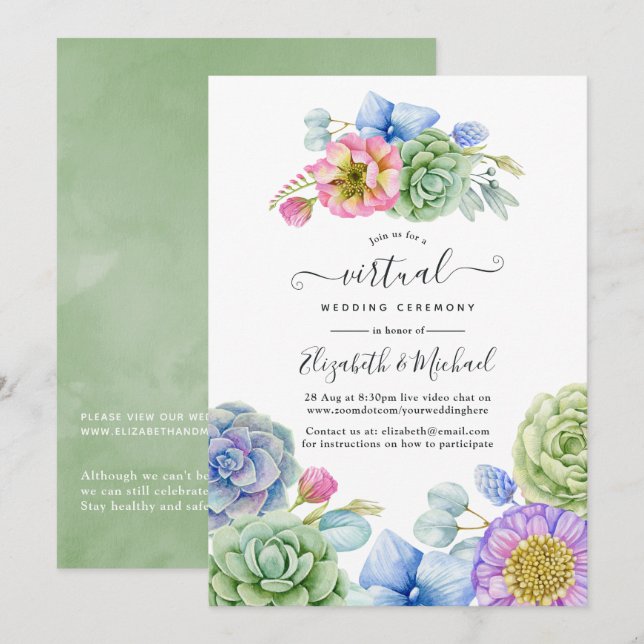 Convite Casamento Virtual Online Floral Suculento da Moda (Frente/Verso)