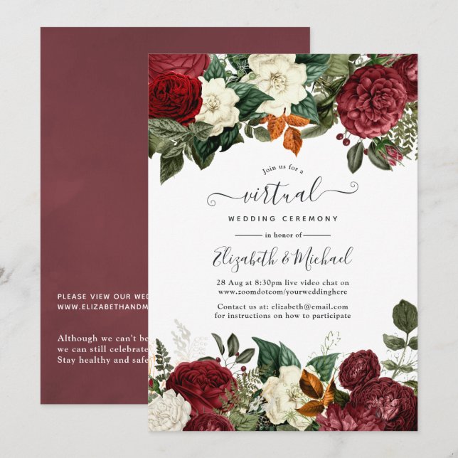 Convite Casamento Virtual Online Floral Vermelho Vinho Bor (Frente/Verso)