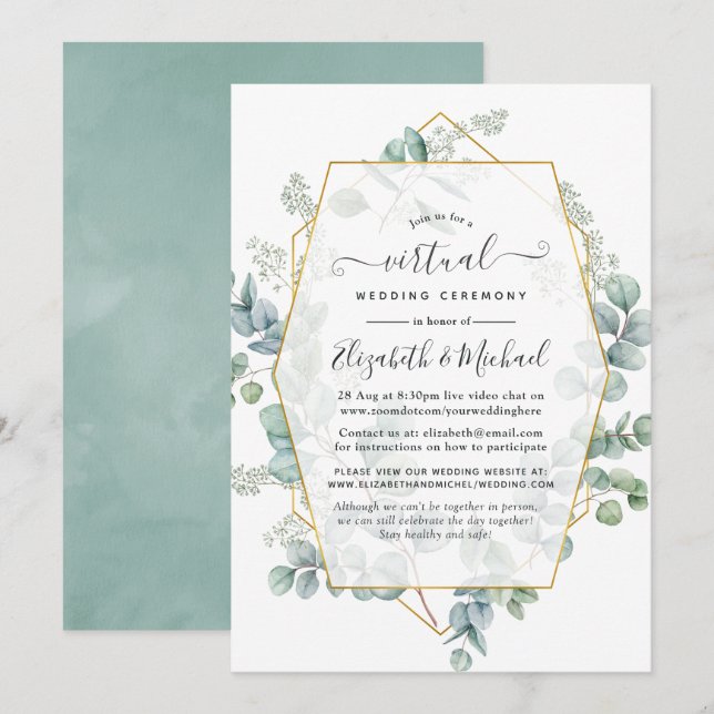 Convite Casamento Virtual Online Geométrico de Eucalipto d (Frente/Verso)