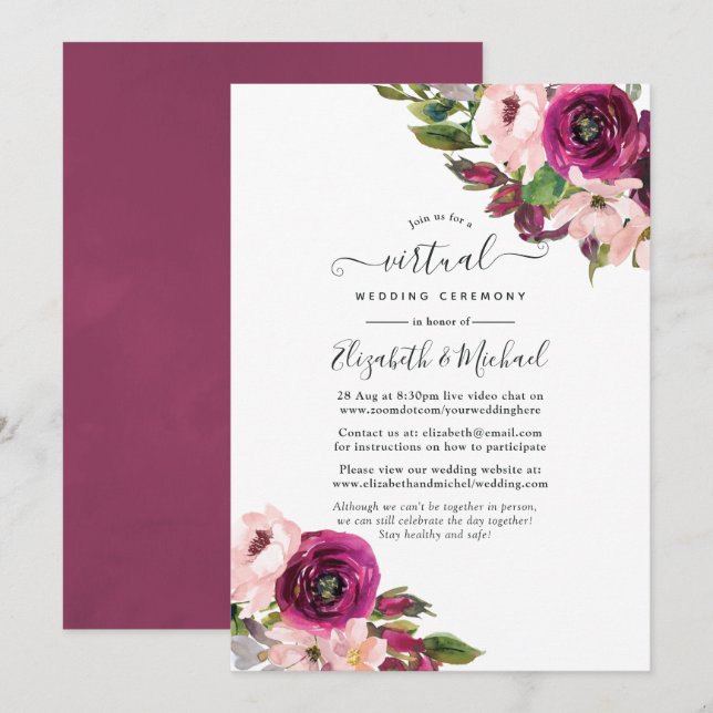Convite Casamento Virtual Online Marsala e Floral Rosé (Frente/Verso)