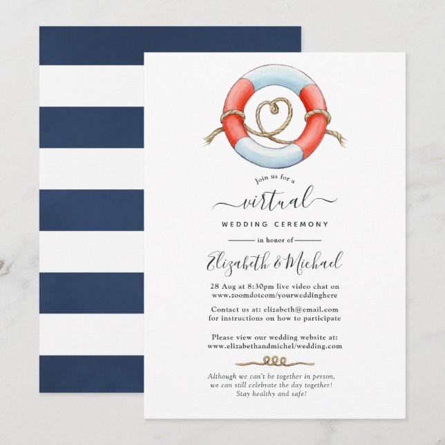 Convite Casamento Virtual Online Náutico em Aquarela (Frente/Verso)