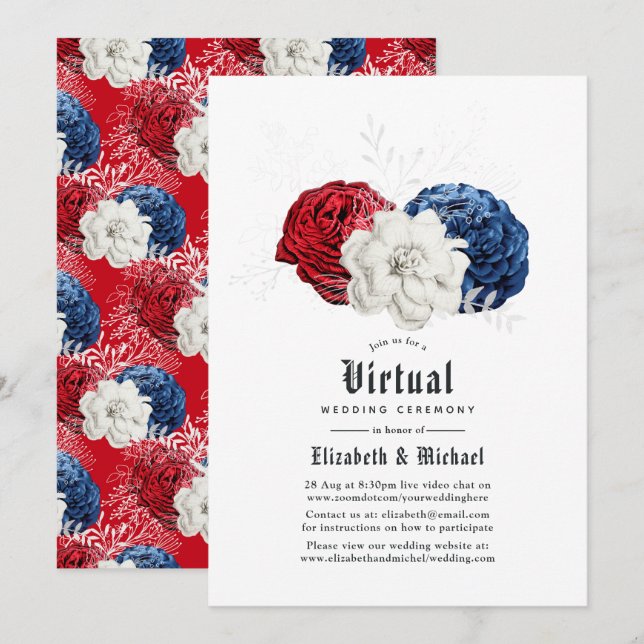 Convite Casamento Virtual Online Red White e Blue American (Frente/Verso)