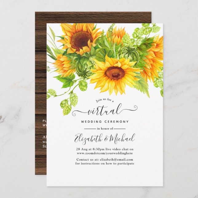 Convite Casamento Virtual Online Rustic Bohemian Sunflower (Frente/Verso)