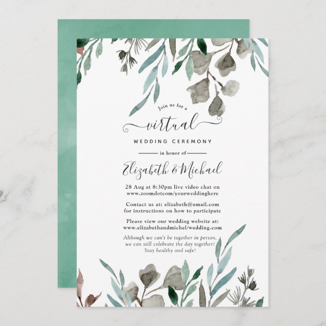 Convite Casamento Virtual Online Rustic Greenery Winter (Frente/Verso)