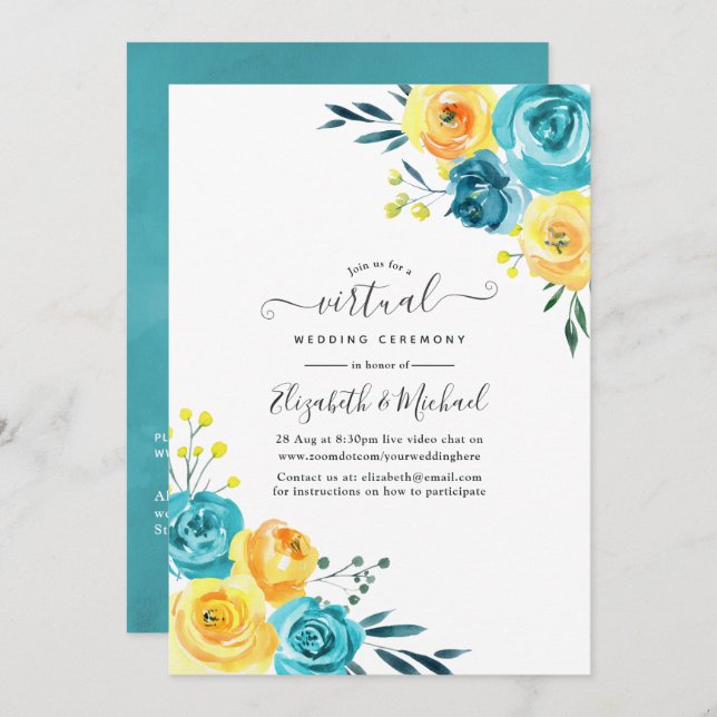 Convite Casamento Virtual Online Turquesa e Amarelo Floral (Frente/Verso)