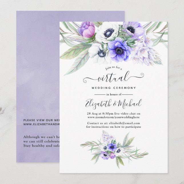 Convite Casamento Virtual Online Violeta Pastel Floral (Frente/Verso)