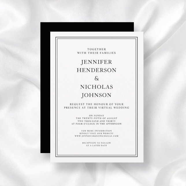Convite Casamento Virtual Preto e Branco Clássico Elegante (Front/Back Elegant Classic Formal Black White Virtual Wedding Invitation)