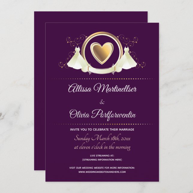 Convite Casamento Virtual Purple Dourado do Coração das Mu (Frente/Verso)