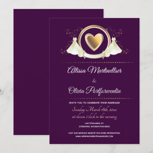 Convite Casamento Virtual Purple Dourado do Coração das Mu