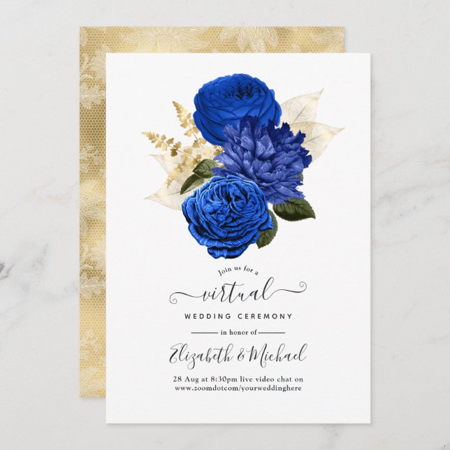Convite Casamento Virtual Real Azul e Dourado Floral e Loc (Frente/Verso)