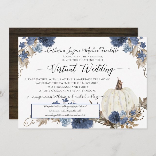 Convite Casamento Virtual Russo De Pumpkin Floral Azul mar (Frente/Verso)