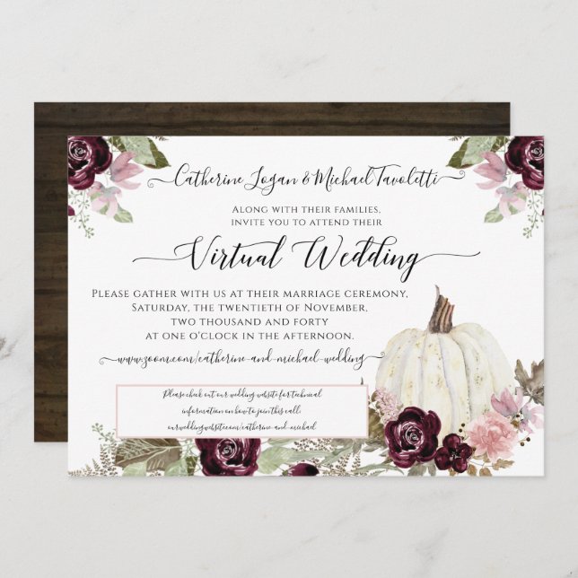 Convite Casamento Virtual Russo De Pumpkin Floral Burgundy (Frente/Verso)