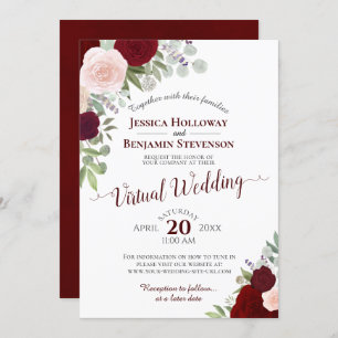 Convite Casamento Virtual Rustic Burgundy Red & Pink Flora
