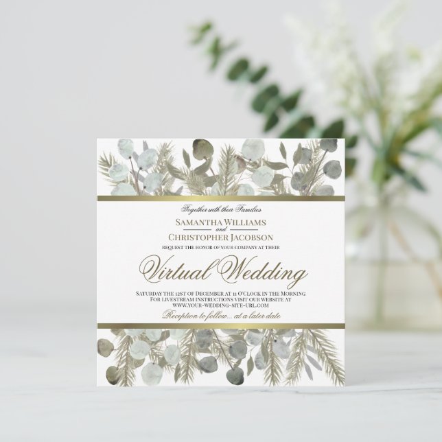 Convite Casamento Virtual Rustic Eucalyptus & Pine Elegant (Em pé/Frente)