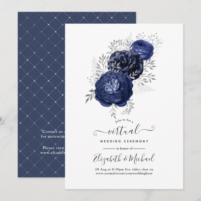 Convite Casamento Virtual Rústico Navy e Floral Prata (Frente/Verso)