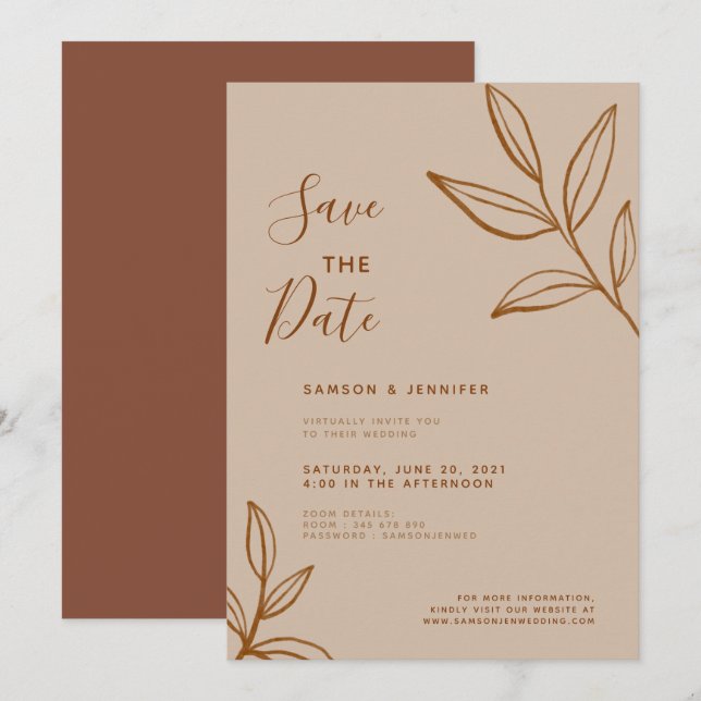 Convite Casamento Virtual Save the Date Folha de Terracota (Frente/Verso)