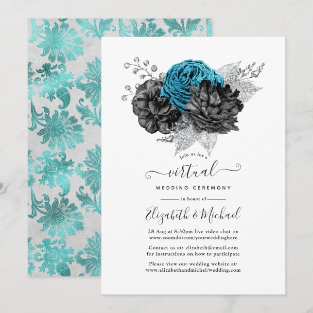 Convite Casamento Virtual Turquesa, Preto e Prata (Frente/Verso)