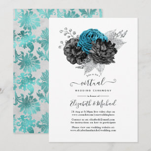 Convite Casamento Virtual Turquesa, Preto e Prata
