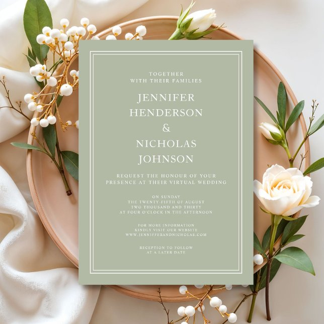 Convite Casamento Virtual Verde do Sage Formal Moderno (Modern Elegant Formal Sage Green Virtual Wedding Invitation)