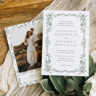 Convite Casamento Vitoriano de Foto Verde Elegante Sage