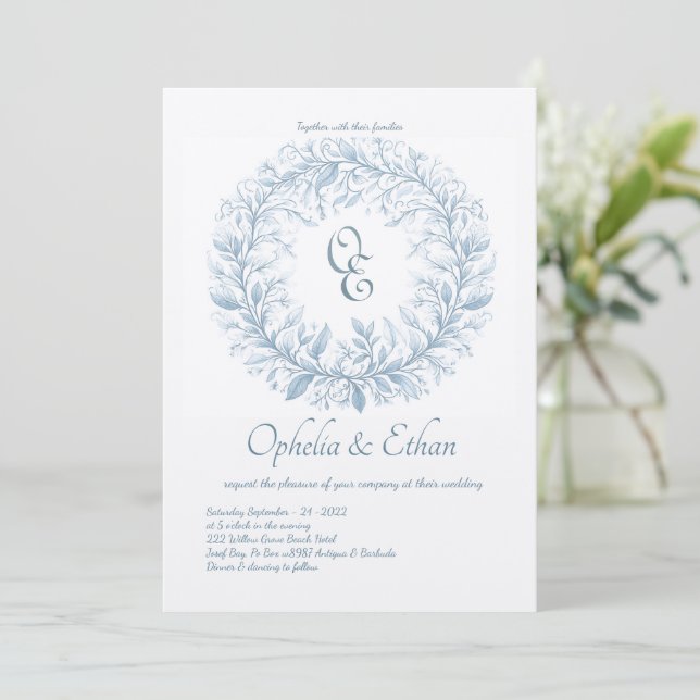 Convite Casamento vitoriano do Monograma Azul francês (Em pé/Frente)