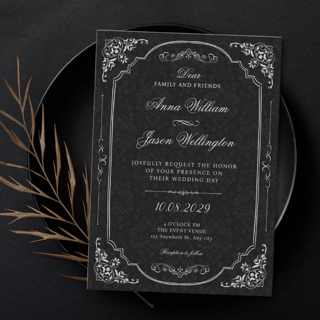 Convite Casamento vitoriano elegante preto (Criador carregado)