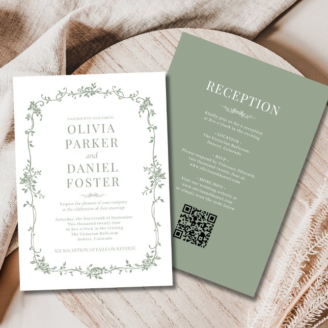 Convite Casamento Vitoriano em Verde Sage Francês Completo (Criador carregado)