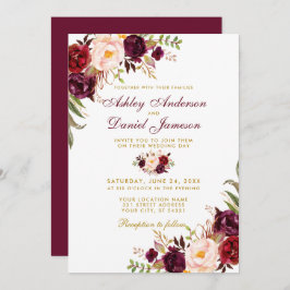 Convite Casamento Watercolor Burgundy Floral Dourado B