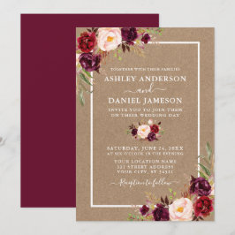 Convite Casamento Watercolor Burgundy Floral Kraft