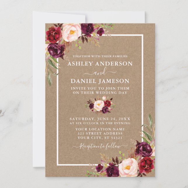 Convite Casamento Watercolor Burgundy Floral Kraft (Frente)