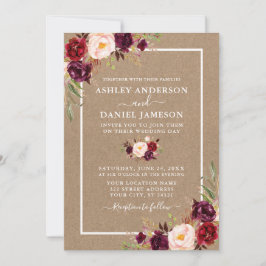 Convite Casamento Watercolor Burgundy Floral Kraft