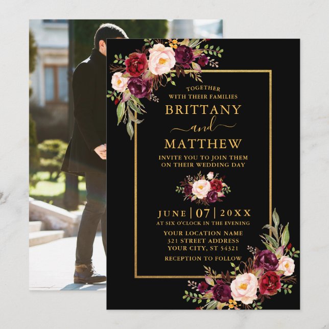 Convite Casamento Watercolor Burgundy Foto Floral Preta (Frente/Verso)