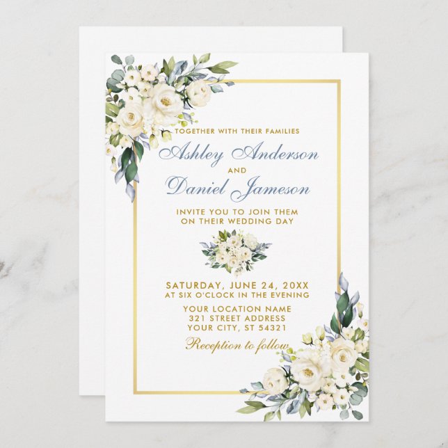 Convite Casamento Watercolor Dusty Blue Floral Foto (Frente/Verso)