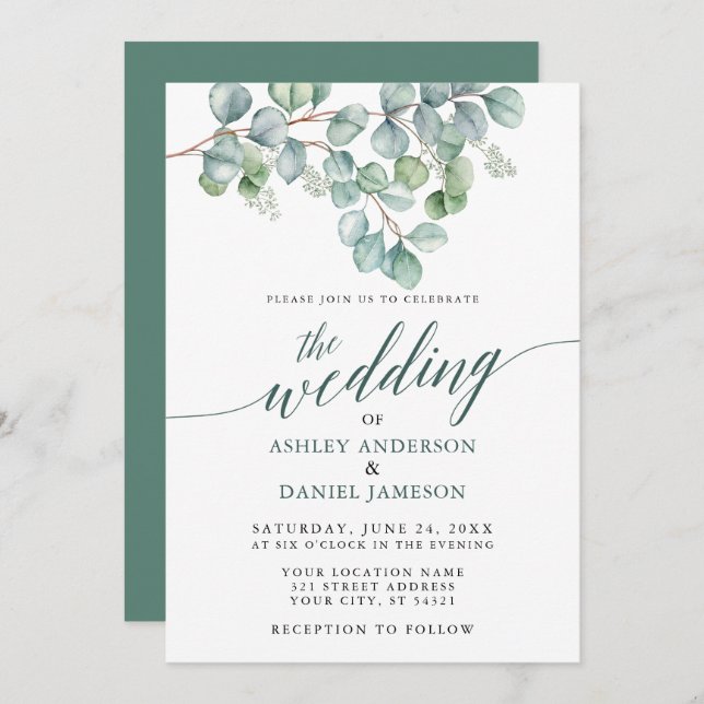 Convite Casamento Watercolor Eucalyptus Greenery Calliogra (Frente/Verso)