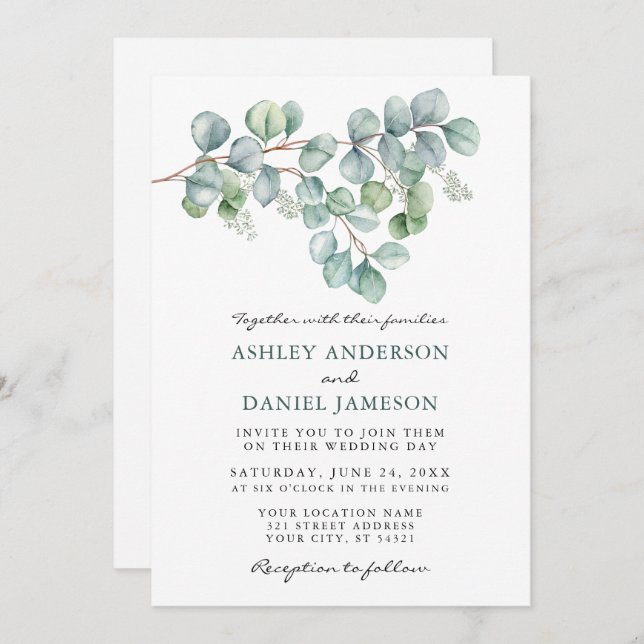 Convite Casamento Watercolor Eucalyptus Greenery Foto (Frente/Verso)