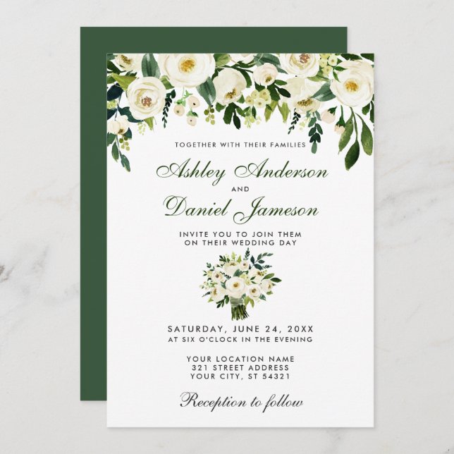 Convite Casamento Watercolor Floral Green White Invite G (Frente/Verso)