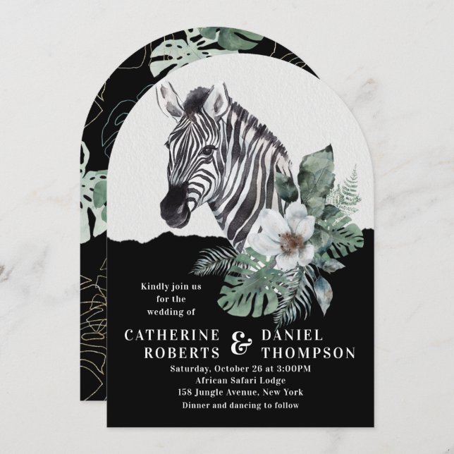 Convite Casamento Watercolor Floral Wild Zebra Safari (Frente/Verso)