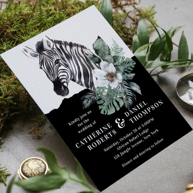 Convite Casamento Watercolor Floral Wild Zebra Safari (Criador carregado)