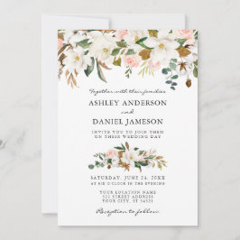 Convite Casamento Watercolor Magnolias Rosa Greenery