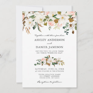 Convite Casamento Watercolor Magnolias Rosa Greenery