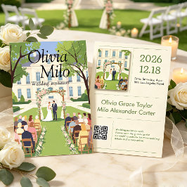 Convite Casamento Watercolor Manor, ilustração plana
