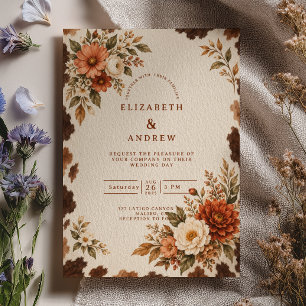 Convite Casamento Western de Couro Floral de Outono