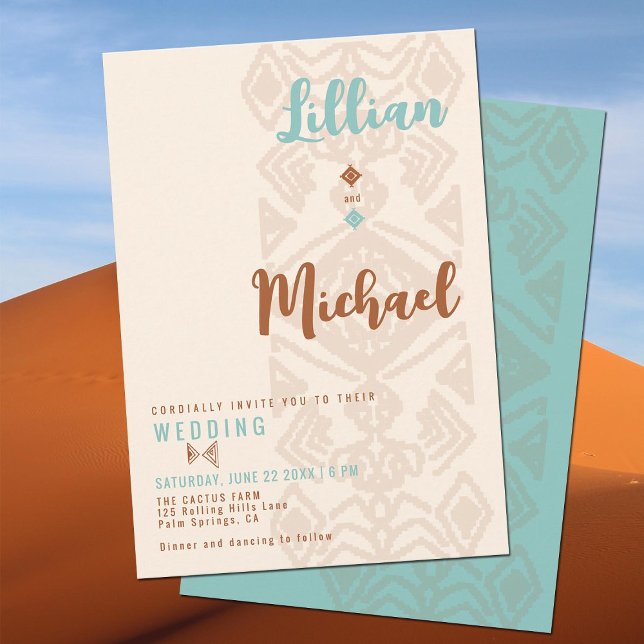 Convite Casamento Western do Deserto com Tecelagem do Sudo (southwestern weave desert country western barn ranch wedding invitation terracotta teal tribal aztec)